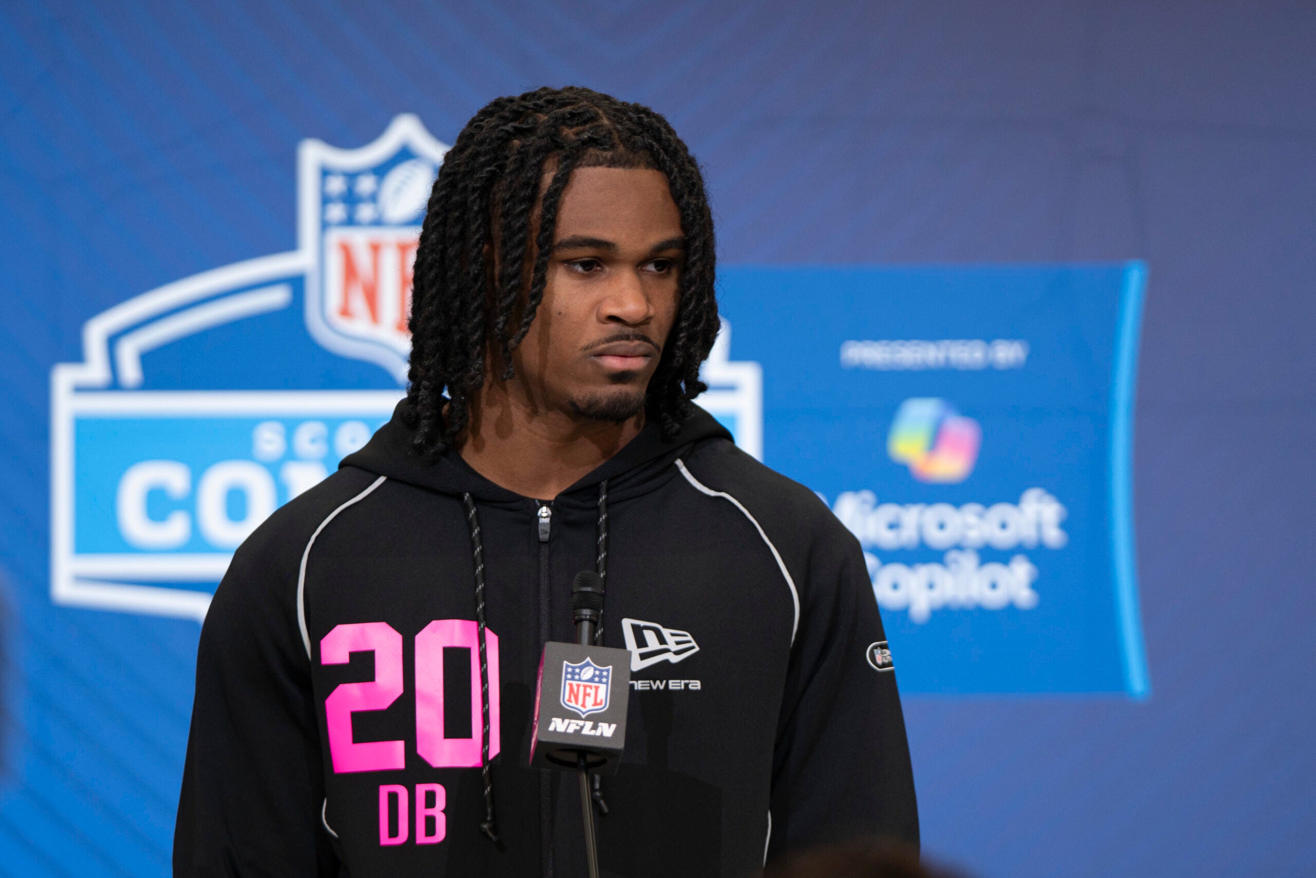Feb 26, 2026; Indianapolis, IN, USA; Tennessee defensive back Jermod McCoy (DB20) speaks to media members during the NFL Combine at the Indiana Convention Center.