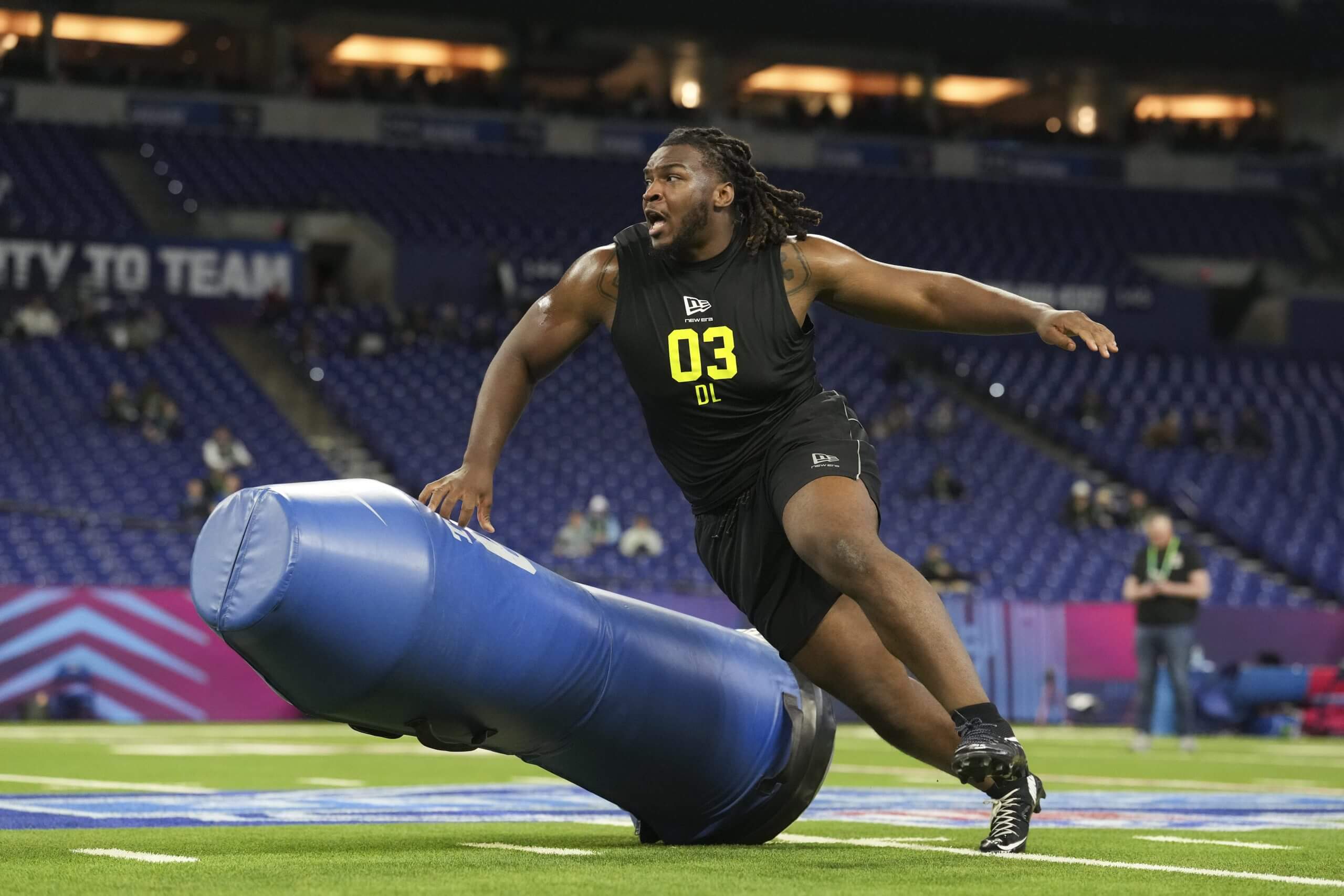 South Carolina defensive lineman Nick Barrett (DL03) during the NFL Scouting Combine at Lucas Oil Stadium. 