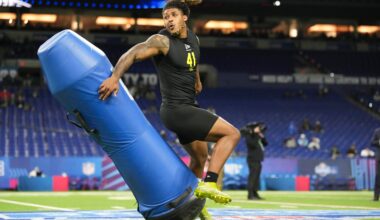 Feb 26, 2026; Indianapolis, IN, USA; Texas A&M defensive lineman Cashius Howell (DL41) during the NFL Scouting Combine at Lucas Oil Stadium.