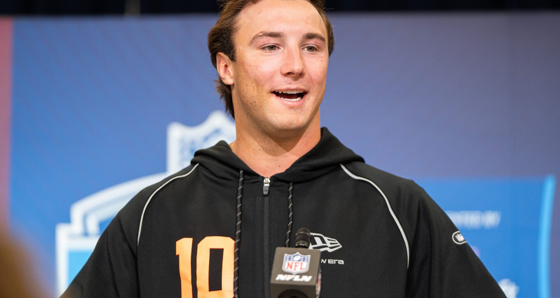 Feb 27, 2026; Indianapolis, IN, USA; Clemson quarterback Cade Klubnik (QB10) speaks to members of the media during the NFL Combine at the Indiana Convention Center.