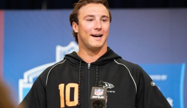 Feb 27, 2026; Indianapolis, IN, USA; Clemson quarterback Cade Klubnik (QB10) speaks to members of the media during the NFL Combine at the Indiana Convention Center.
