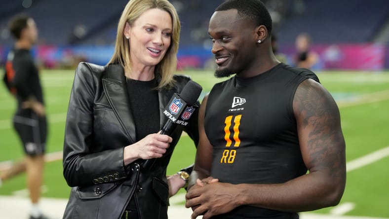 Stacey Dales interviews Jeremiyah Love at the NFL Scouting Combine in Indianapolis. jeremiyah love vikings