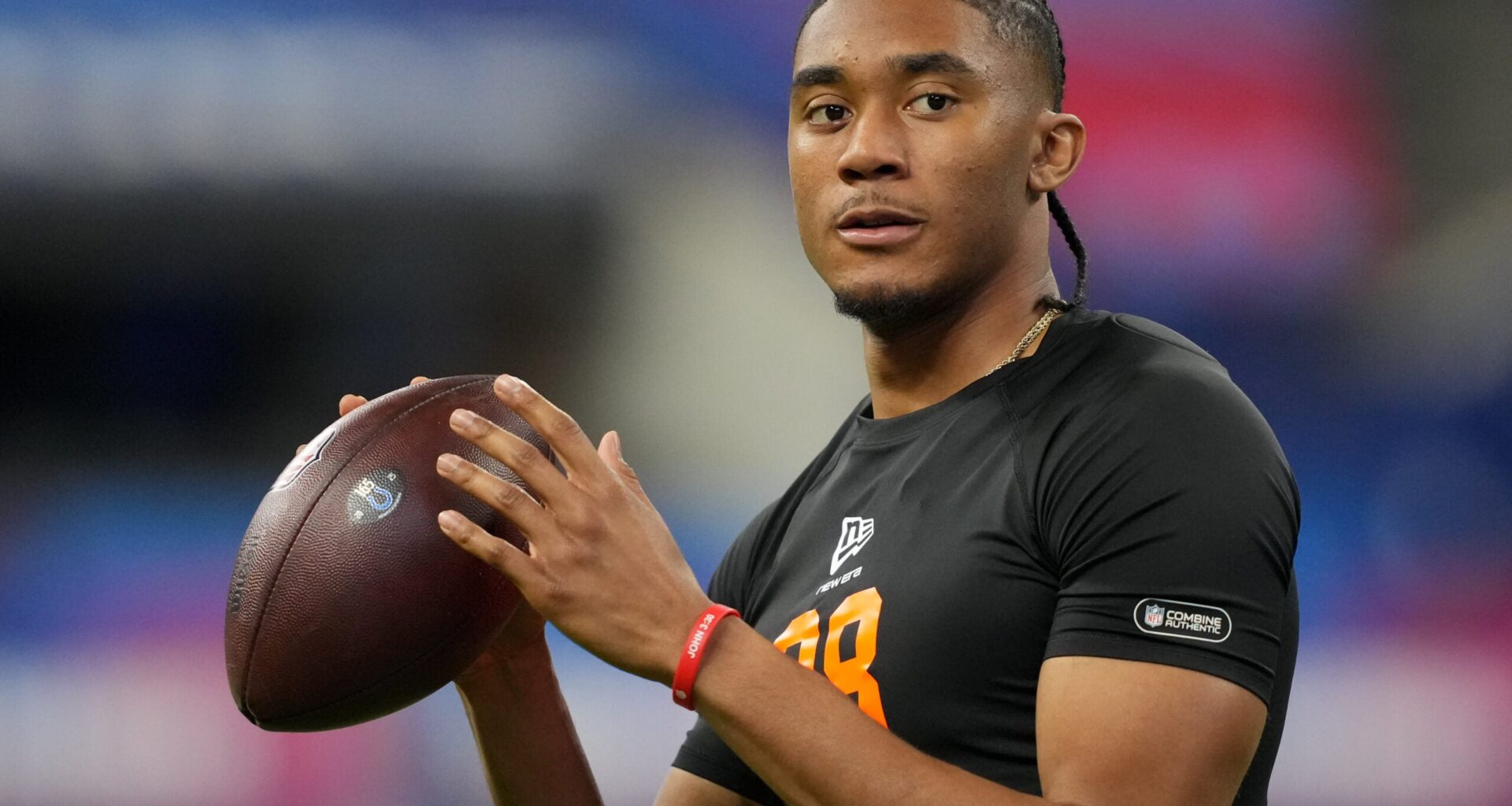Feb 28, 2026; Indianapolis, IN, USA; Arkansas quarterback Taylen Green (QB08) during the NFL Scouting Combine at Lucas Oil Stadium.