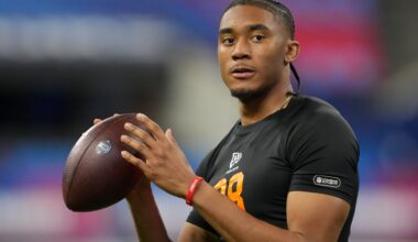 Feb 28, 2026; Indianapolis, IN, USA; Arkansas quarterback Taylen Green (QB08) during the NFL Scouting Combine at Lucas Oil Stadium.