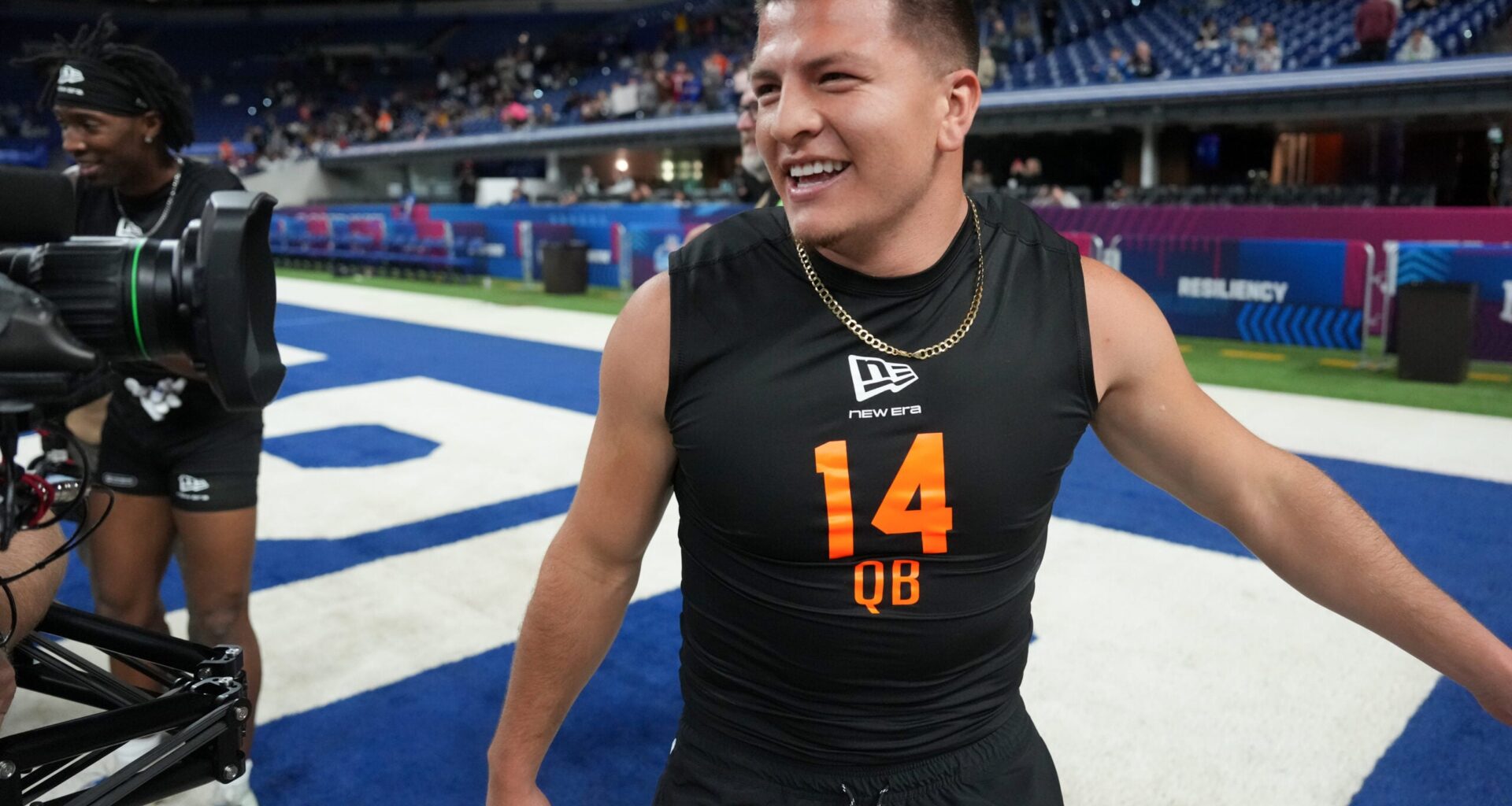 Feb 28, 2026; Indianapolis, IN, USA; Vanderbilt quarterback Diego Pavia (QB14) during the NFL Scouting Combine at Lucas Oil Stadium.
