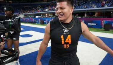 Feb 28, 2026; Indianapolis, IN, USA; Vanderbilt quarterback Diego Pavia (QB14) during the NFL Scouting Combine at Lucas Oil Stadium.