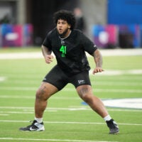 Mar 1, 2026; Indianapolis, IN, USA; Alabama offensive lineman Kadyn Proctor (OL41) during the NFL Scouting Combine at Lucas Oil Stadium.