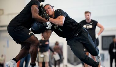 Vanderbilt tight end Emmanuel Adebi, left. and tight end Eli Stowers, right, run drills during football pro day at Vanderbilt University in Nashville, Tenn., Friday, March 20, 2026.