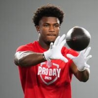 Ohio State Buckeyes defensive back Caleb Downs catches a ball during Pro Day for NFL scouts at the Woody Hayes Athletics Center on March 25, 2026.