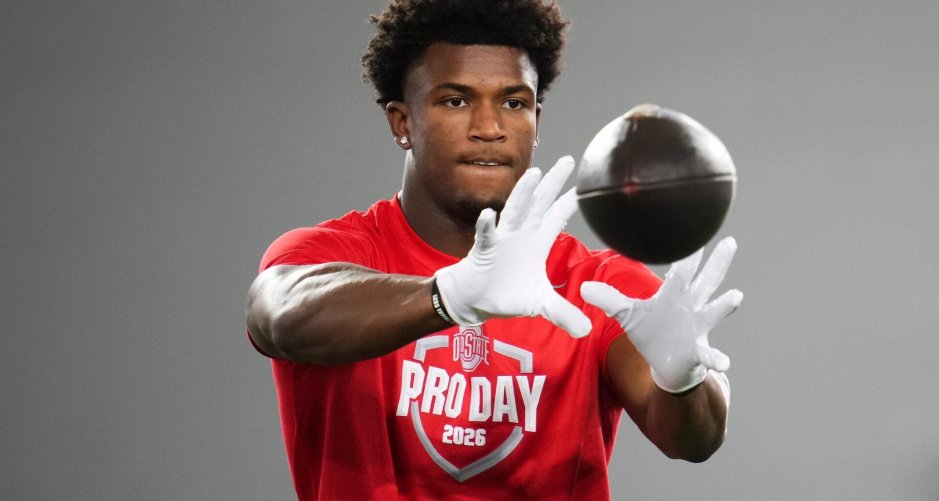 Ohio State Buckeyes defensive back Caleb Downs catches a ball during Pro Day for NFL scouts at the Woody Hayes Athletics Center on March 25, 2026.