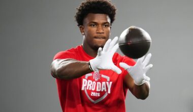 Ohio State Buckeyes defensive back Caleb Downs catches a ball during Pro Day for NFL scouts at the Woody Hayes Athletics Center on March 25, 2026.