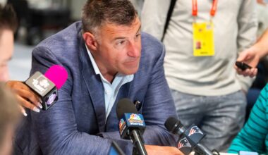 Mar 31, 2026; Phoenix, AZ, USA; New England Patriots head coach Mike Vrabel speaks to reporters in the media during the 2026 NFL Annual League Meeting at the Arizona Biltmore.
