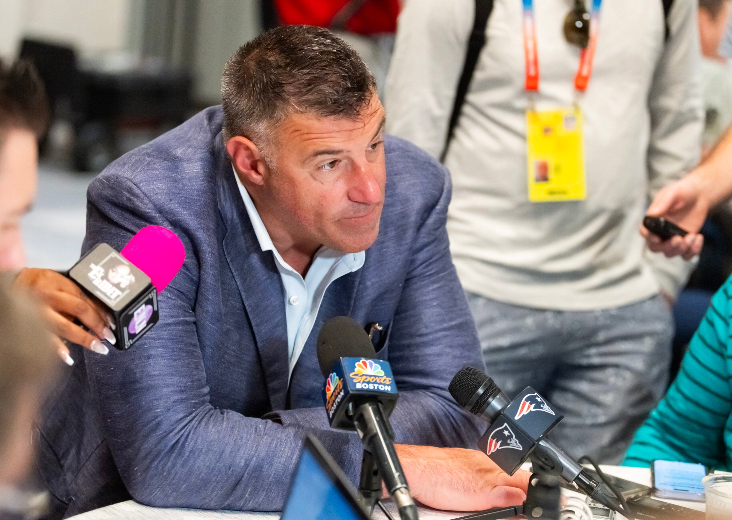 Mar 31, 2026; Phoenix, AZ, USA; New England Patriots head coach Mike Vrabel speaks to reporters in the media during the 2026 NFL Annual League Meeting at the Arizona Biltmore.