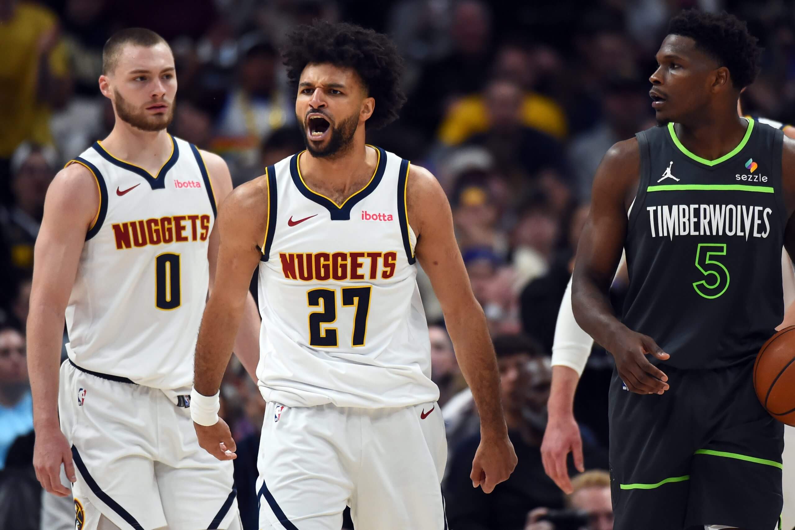 Apr 18, 2026; Denver, Colorado, USA; Denver Nuggets guard Jamal Murray (27) celebrates after a basket and foul during the second half against the Minnesota Timberwolves in game one of the first round of the 2026 NBA Playoffs at Ball Arena. Mandatory Credit: Christopher Hanewinckel-Imagn Images