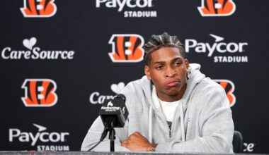 Cincinnati Bengals third round pick Tacario Davis speaks with media during the 2026 NFL Draft, Saturday, April 25, 2026, at Paycor Stadium in downtown Cincinnati.