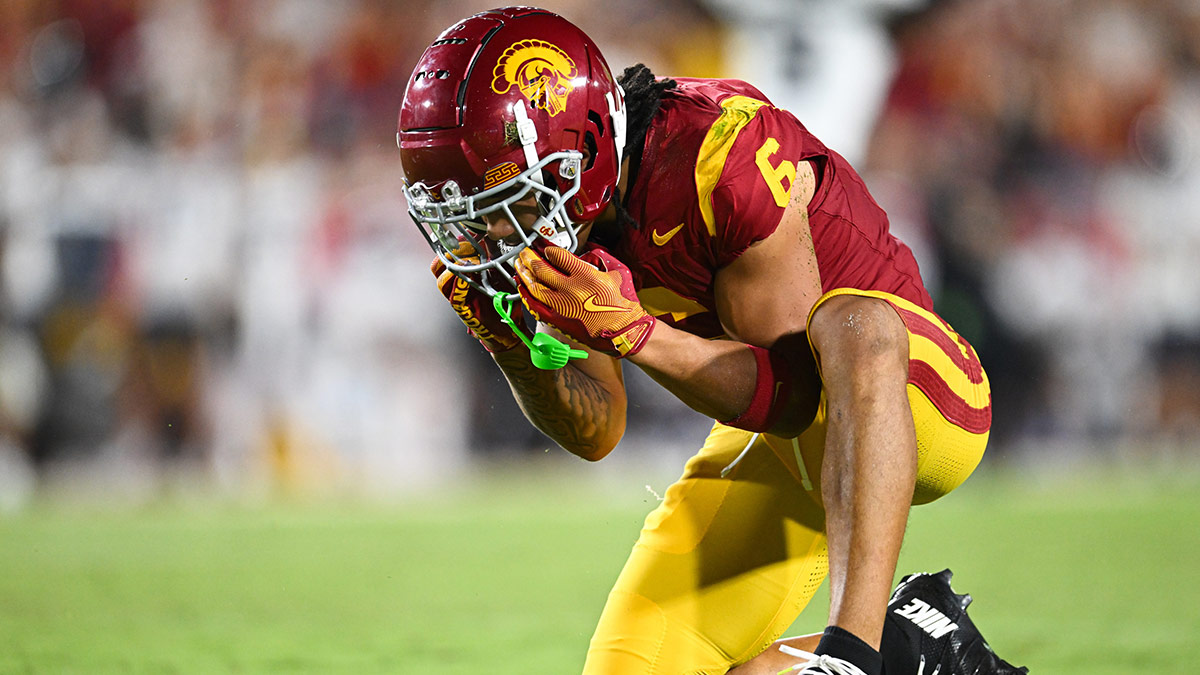 Trojans wide receiver Makai Lemon (6) reacts after missing a catch in the end zone against the Utah State Aggies during the second quarter at United Airlines Field at Los Angeles Memorial Coliseum