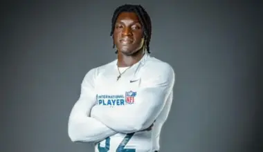 NFL International Player Pathway prospect poses in training gear during a studio portrait for the NFL’s global development program.