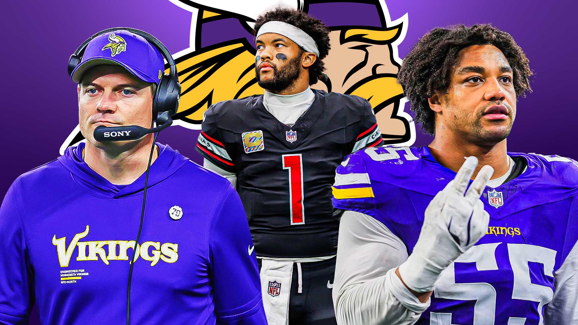 - Kyler Murray, Eric Wilson, coach Kevin O'Connell all beside each other - Minnesota Vikings logo in the background