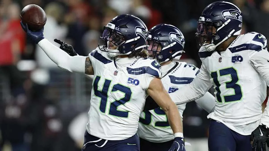 Seattle Seahawks linebacker Drake Thomas (42) reacts after an interception against the San Francisco 49ers
