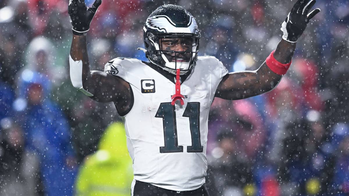 Philadelphia Eagles wide receiver A.J. Brown (11) during a timeout in the third quarter against the Buffalo Bills at Highmark Stadium. Mark Konezny-Imagn Images