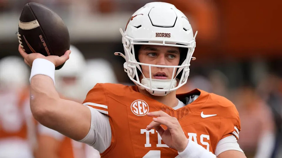Nov 1, 2025; Austin, Texas, USA; Texas Longhorns quarterback Arch Manning (16) warms up before a game against the <a class="link " href="https://sports.yahoo.com/ncaaf/teams/vanderbilt/" data-i13n="sec:content-canvas;subsec:anchor_text;elm:context_link" data-ylk="slk:Vanderbilt Commodores;sec:content-canvas;subsec:anchor_text;elm:context_link;itc:0" data-yga="{"yLinkElement":"context_link","yModuleName":"content-canvas","yLinkText":"Vanderbilt Commodores","ySubModuleName":"anchor_text","yHasCommerce":false}">Vanderbilt Commodores</a> at Darrell K Royal-Texas Memorial Stadium. Mandatory Credit: Scott Wachter-Imagn Images
