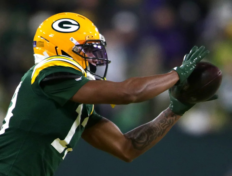 Green Bay Packers wide receiver Dontayvion Wicks (13) catches a pass against the Baltimore Ravens on Saturday, December 27, 2025, at Lambeau Field in Green Bay, Wis. The Ravens defeated the Packers 41-24.
Wm. Glasheen USA TODAY NETWORK-Wisconsin