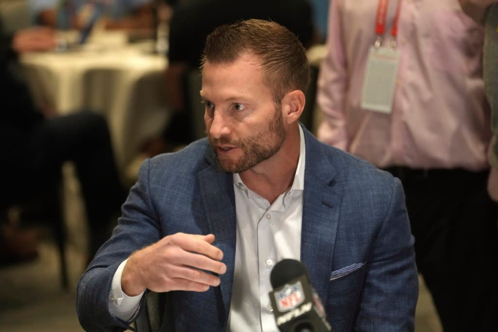 Los Angeles Rams head coach Sean McVay answers a question from a reporter at the NFL football annual meetings, Monday, March 30, 2026, in Phoenix. (AP Photo/Ross D. Franklin) AP