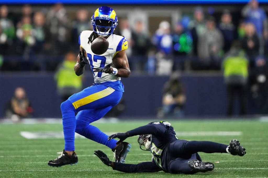 Los Angeles Rams wide receiver Davante Adams makes a catch during the second half of the NFC Championship NFL football game against the Seattle Seahawks, Sunday, Jan. 25, 2026, in Seattle. (AP Photo/Lindsey Wasson) AP