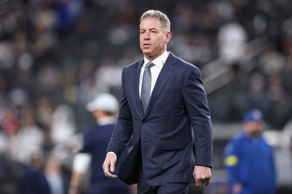 Troy Aikman, before the NFL game at Allegiant Stadium on November 17, 2025 in Las Vegas, Nevada.   