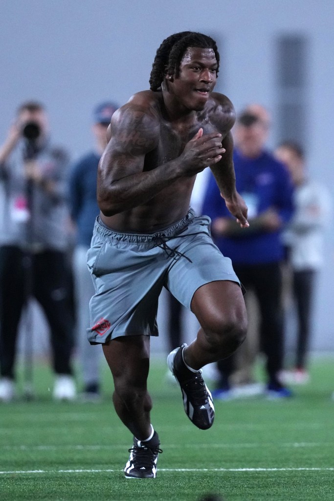 Arvell Reese #8 of the Ohio State Buckeyes participating in drills during 2026 Ohio State Pro Day.