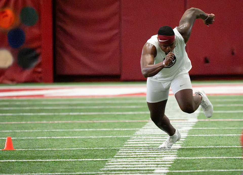 March 25, 2026; Tuscaloosa, AL, USA; Defensive lineman LT Overton does a drill for scouts during Pro Day in the Hank Crisp Indoor Practice Facility at the University of Alabama.