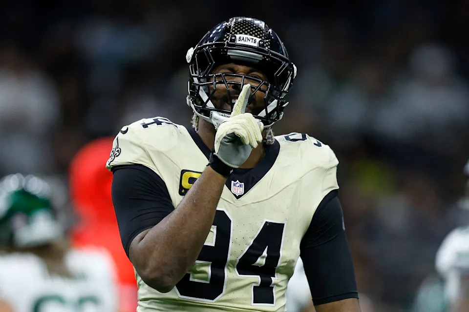 NEW ORLEANS, LOUISIANA - DECEMBER 21: Cameron Jordan #94 reacts after a sack against the New York Jets in the second quarter of a game at Caesars Superdome on December 21, 2025 in New Orleans, Louisiana. (Photo by Sean Gardner/Getty Images)