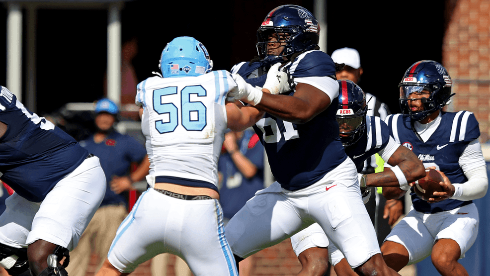 Diego Pounds #61 of the Mississippi Rebels provides pass protection during the first half of the game against the Citadel Bulldogs at Vaught-Hemingway Stadium on November 8, 2025 in Oxford, Mississippi. (Photo by Jason Clark/Getty Images)