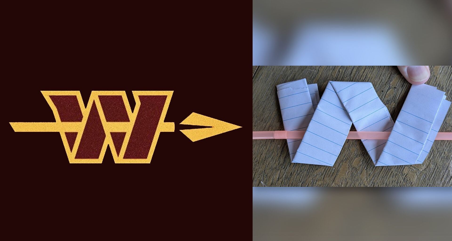 New Washington Commanders logo next to a homemade version made of paper