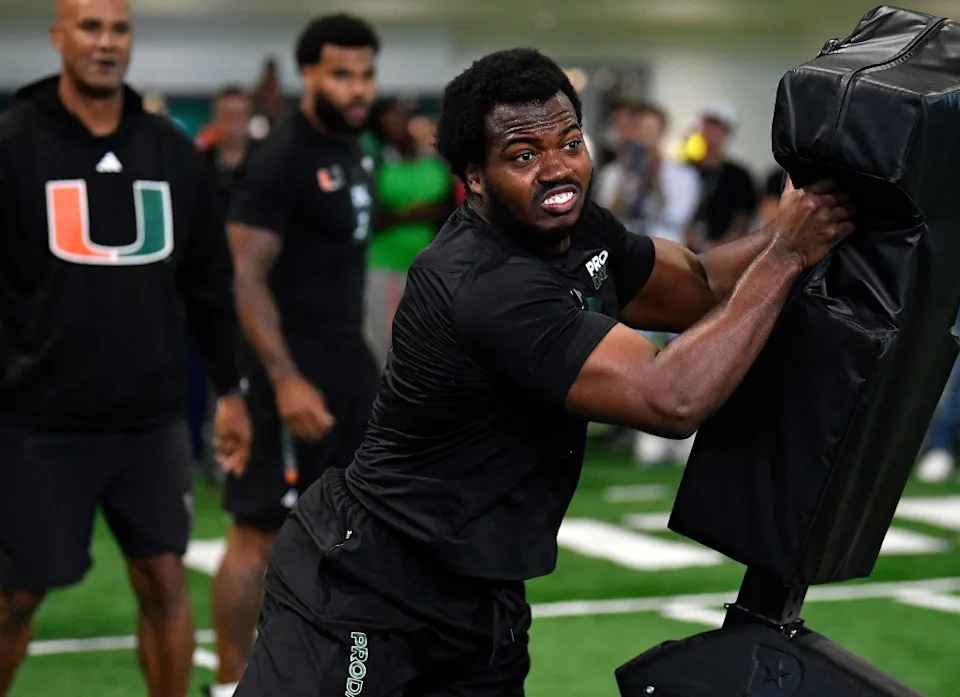 Miami defensive lineman Rueben Bain Jr. does a football workout during the school’s NFL Pro Day, Monday March 23, 2026. AP