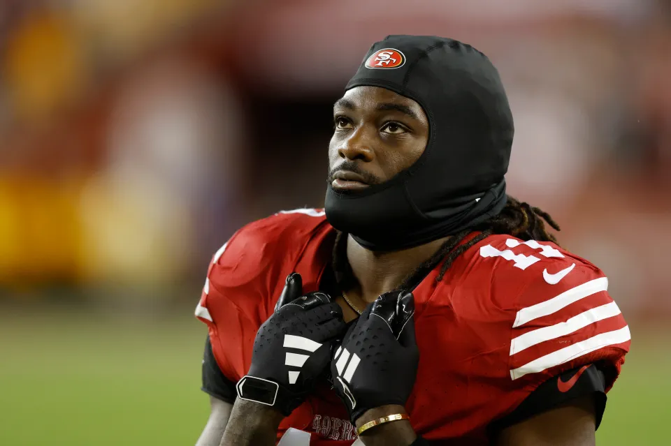 Brandon Aiyuk #11 of the San Francisco 49ers looks on against the Green Bay Packers in the NFC Divisional Playoffs at Levi's Stadium on January 20, 2024