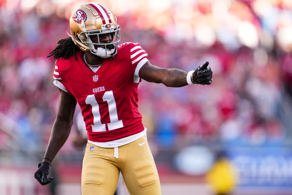 Brandon Aiyuk of the San Francisco 49ers signals during the NFC Championship NFL football game against the Detroit Lions at Levi's Stadium