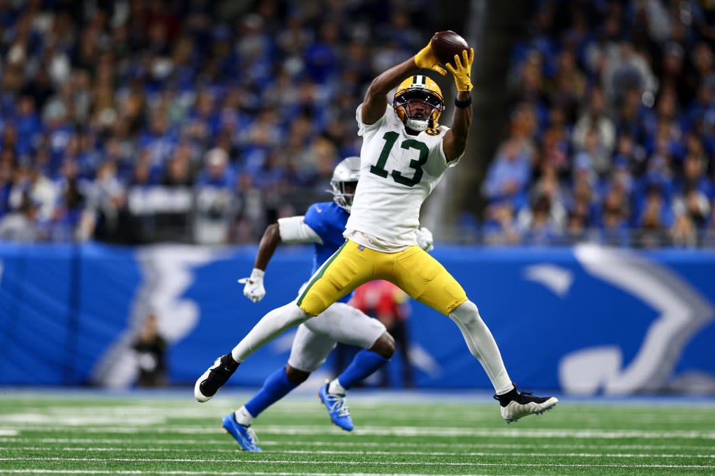 Dontayvion Wicks of the Green Bay Packers catches a pass during the second quarter of an NFL football game against the Detroit Lions at Ford Field on November 27, 2025 in Detroit, Michigan. Getty Images