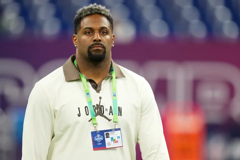 Feb 28, 2026; Indianapolis, IN, USA; New Orleans Saints defensive end Cameron Jordan looks on during the NFL Scouting Combine at Lucas Oil Stadium. Mandatory Credit: Kirby Lee-Imagn Images