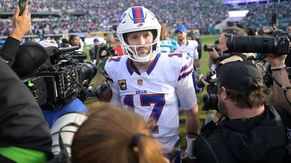 Jan 11, 2026; Jacksonville, FL, USA; Buffalo Bills quarterback Josh Allen (17) after an AFC Wild Card Round game against the Jacksonville Jaguars at EverBank Stadium. Mandatory Credit: Melina Myers-Imagn Images© Melina Myers-Imagn Images&period;