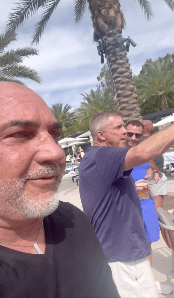 Jay Glazer (left) and Sean McVay (in blue shirt) at a boozy brunch with other NFL coaches.