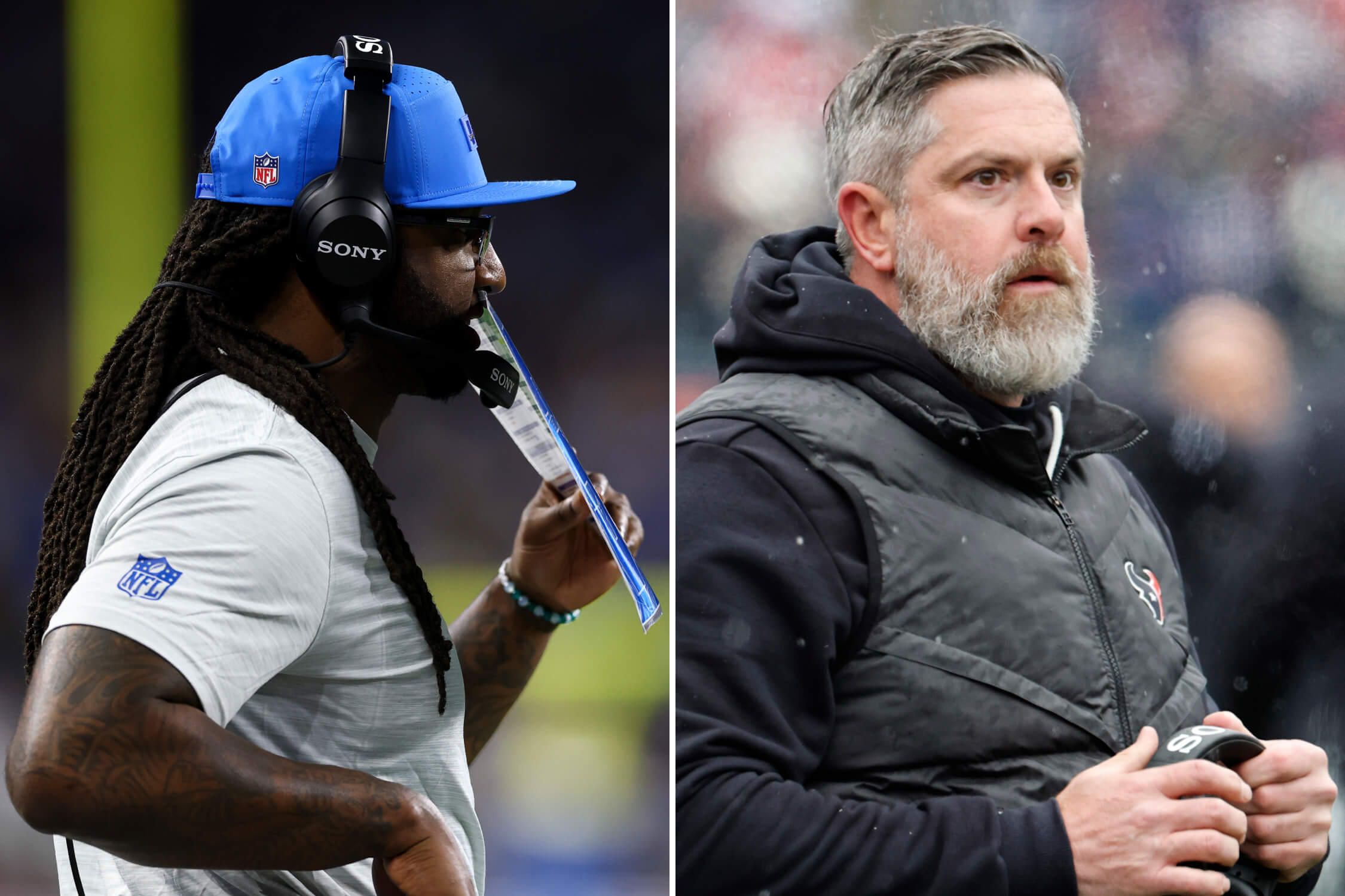 Detroit Lions defensive coordinator Kelvin Sheppard and Houston Texans defensive coordinator Matt Burke, in separate photos.