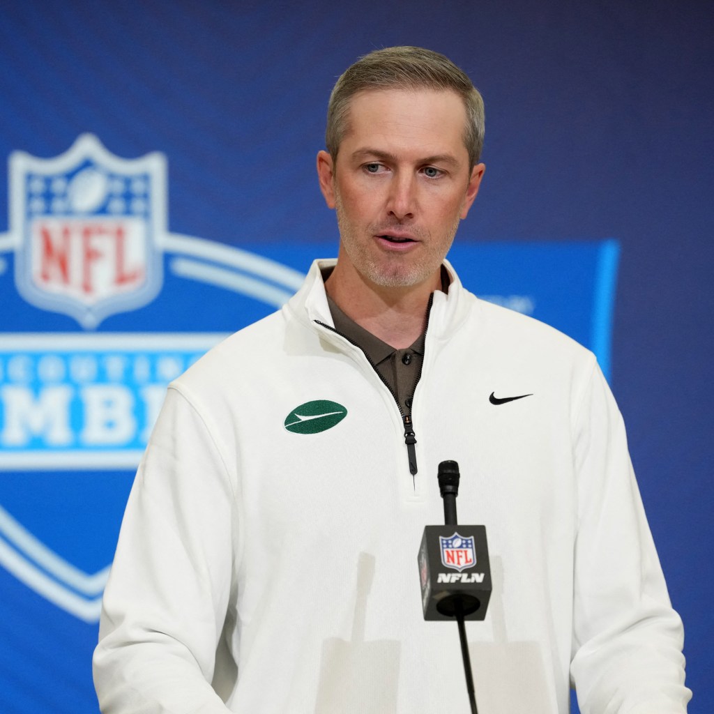 Jets general manager Darren Mougey speaks at the NFL Scouting Combine at the Indiana Convention Center.