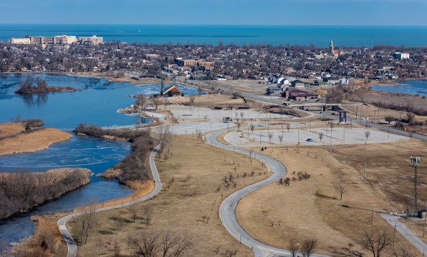 Land along Wolf Lake, at left, sits just south of Lake Michigan in the general area of the Chicago Bears proposed stadium location in Hammond, Indiana, Feb. 25, 2026. (Brian Cassella/Chicago Tribune)