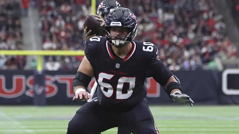 Andrews in action during a play in the first half against the Arizona Cardinals at NRG Stadium.