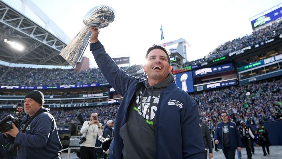 SEATTLE, WASHINGTON - FEBRUARY 11: Head coach Mike McDonald of the Seattle Seahawks celebrates with fans during the Seattle Seahawks Super Bowl LX victory celebration and parade at Lumen Field on February 11, 2026 in Seattle, Washington.  (Photo by Steph Chambers/Getty Images)