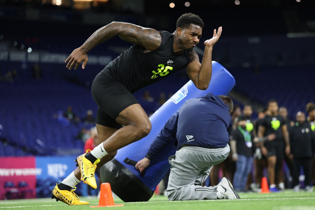 Dani Dennis-Sutton of the Penn State Nittany Lions participates in a drill during the 2026 NFL Scouting Combine at Lucas Oil Stadium on February 26, 2026 in Indianapolis, Indiana. 