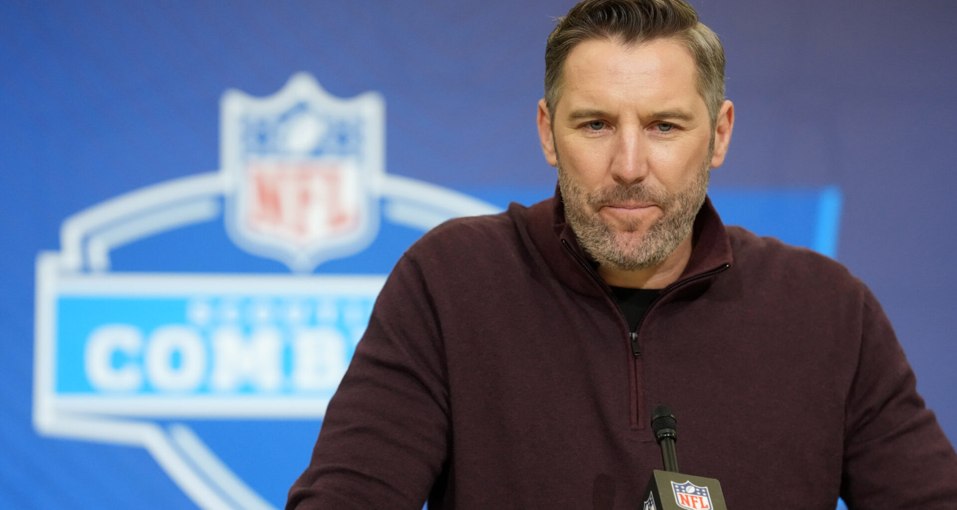 Washington Commanders general manager Adam Peters speaks at the NFL Scouting Combine at the Indiana Convention Center
