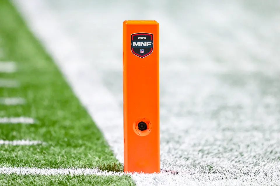 A detailed view of the ESPN Monday Night Football pylon during the NFL game between the Los Angeles Rams and the Atlanta Falcons on December 29th, 2025 at Mercedes-Benz Stadium in Atlanta, GA.
