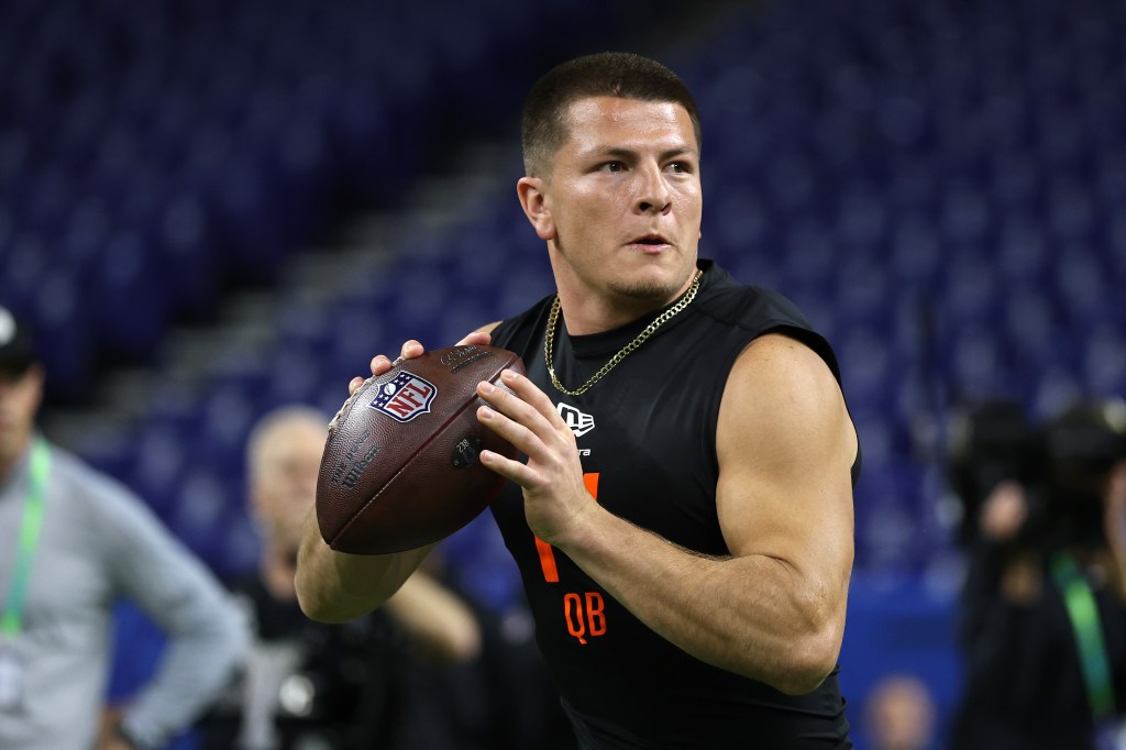 Diego Pavia of the Vanderbilt Commodores throws a pass at the 2026 NFL Scouting Combine.